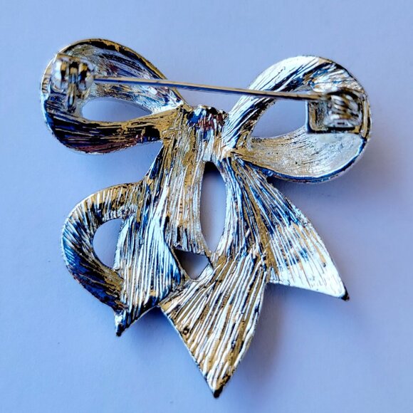 Tied Bow Brooch Clear Rhinestones Beaded Metal Silver Tone - Picture 2 of 2